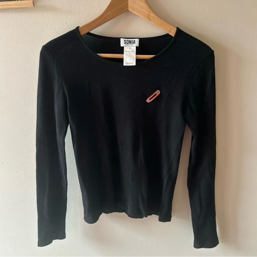 By Sonia Rykiel Paris Black Long Sleeve Crewneck Embroided Safety Pin Sweater